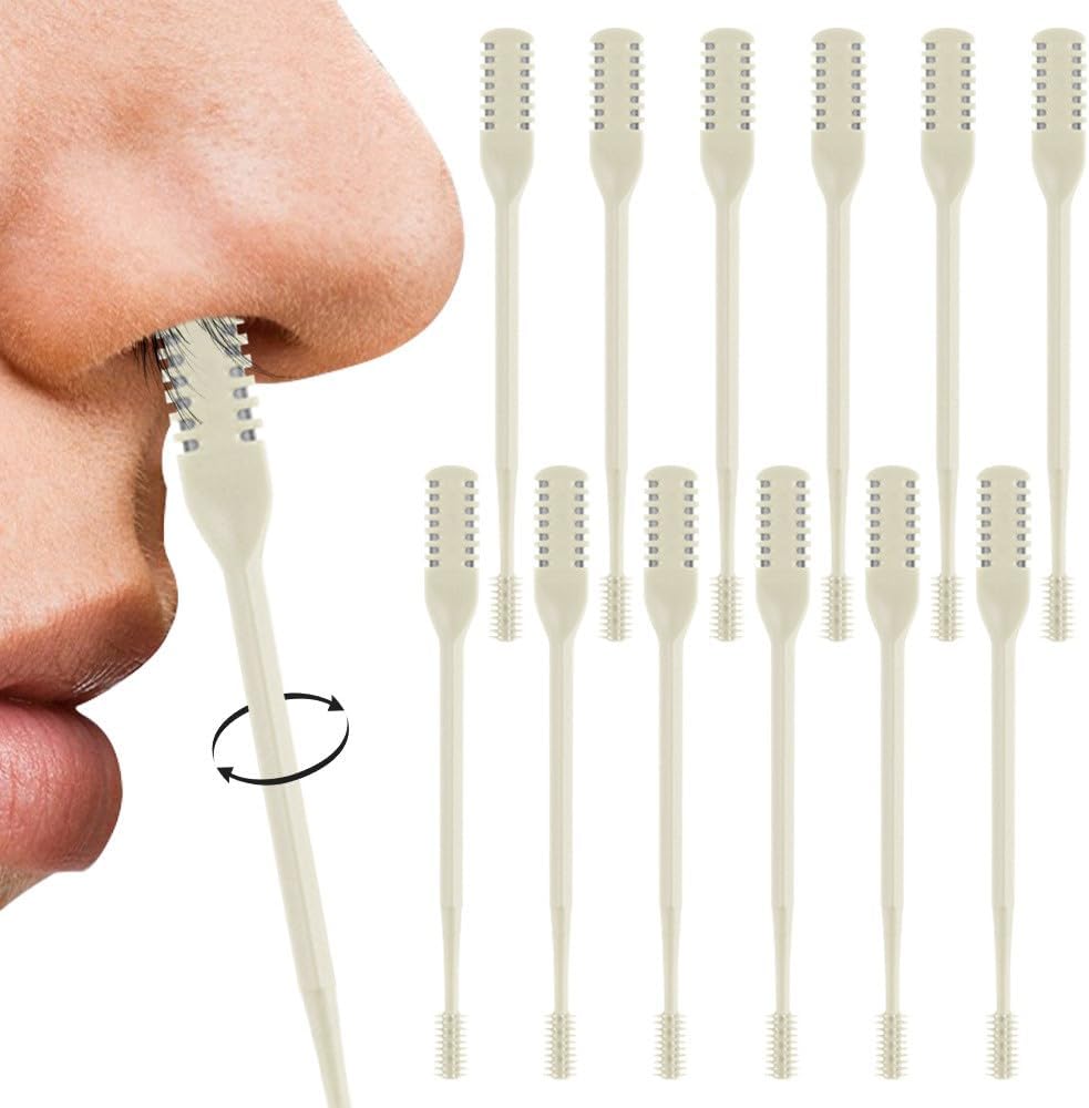 Nasal Hair Cutter, 2025 Double-Sided Nose Hairs Removal, Manual 360° Rotating Nostril Hair Removal Tool, Manual Nose Hairs Cutter, Nasal Hair Trimmer with Ear Picker for Women Men (Beige, 12PCS)