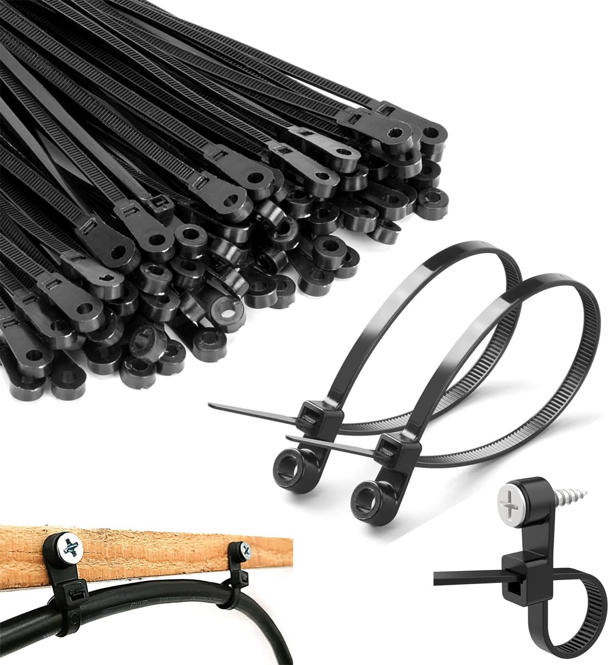 8 inch Black Zip Ties With Screw Hole,Heavy Duty Cable Ties for Cords 75 lbs Mountable head Zip Tie Screw Mount,Zip Wall Wire Ties for Indoor and Outdoor Use (100, 8 IN)