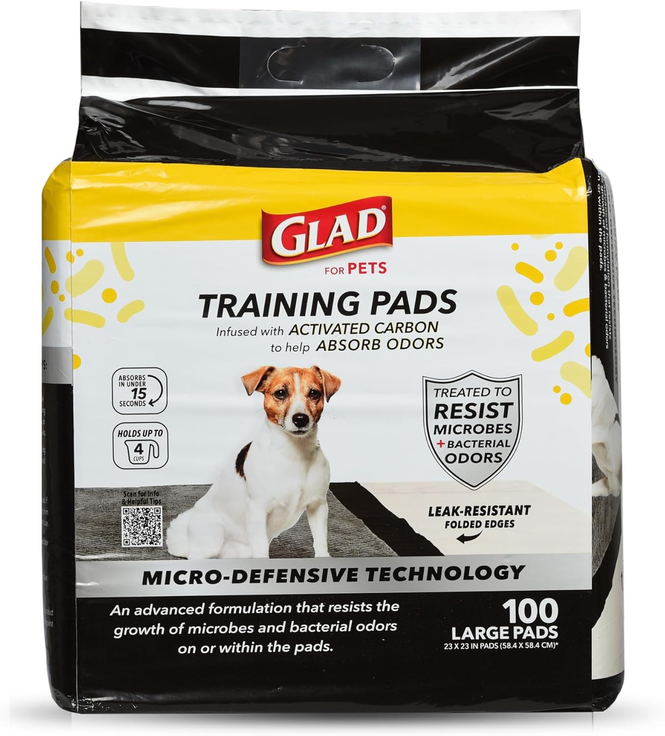 Glad for Pets Activated Carbon Puppy Training Pads with Anti-Microbial Technology, 23″x23″ 100ct | Ultra Absorbent, Odor Control, Heavy Duty Puppy Potty Training Pads