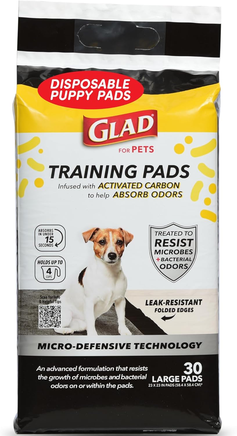 Glad for Pets Activated Carbon Anti-Microbial Dog Training Pads with Odor Eliminator – Ultra Absorbent Pee Pads for Dogs, Heavy Duty Indoor Pee Mats, Puppy Essentials, 23″ x 23″, 30 Count