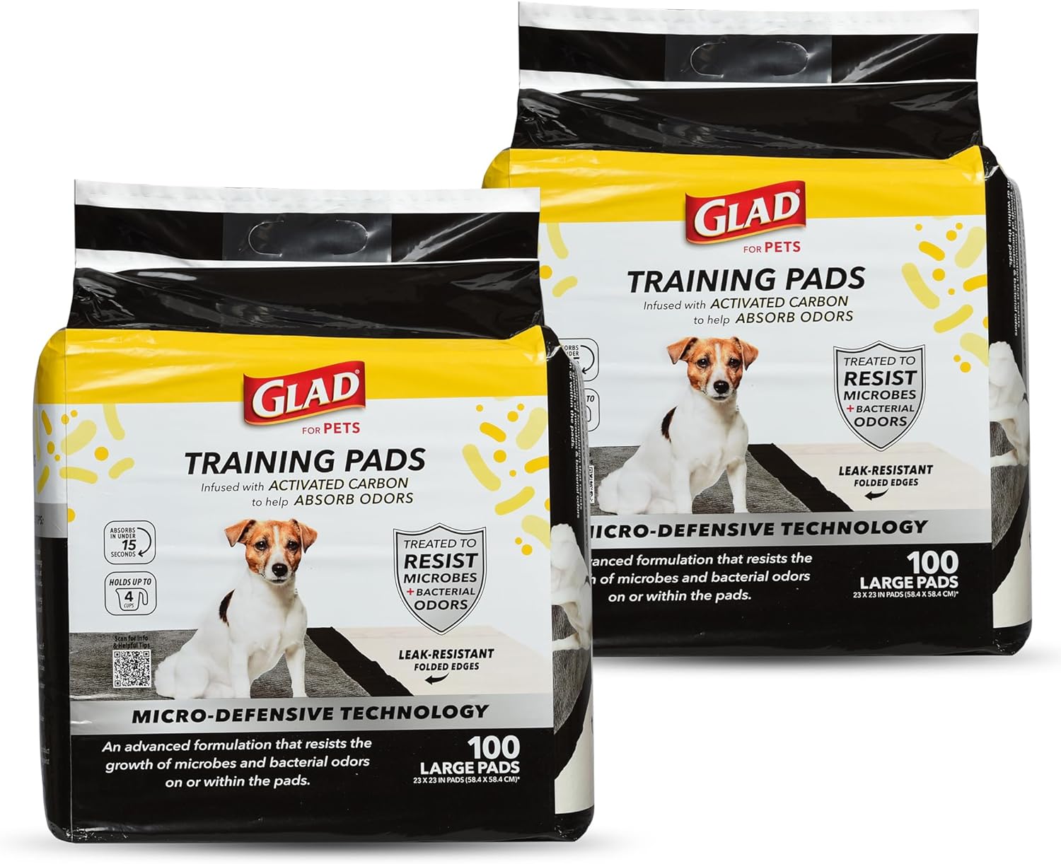 Glad for Pets Activated Carbon Puppy Training Pads with Anti-Microbial Technology, 23″x23″ | Ultra Absorbent, Odor Control, Heavy Duty Puppy Potty Training Pads, 100ct – 2 Pack